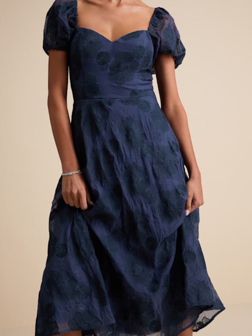 Lulus Sweetest Behavior Navy Embroidered Puff Sleeve Midi Dress Blue - Size L